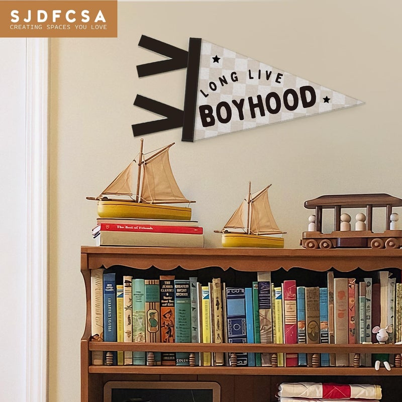 SJDFCSA Boys Room Decor, Long Live Boyhood Wall Hanging Pennant Flag Banner, Preppy Neutral Beige Checkered Wall Decorations for Kids Boys Toddler Nursery Room Bedroom Playroom Decor - Image 4